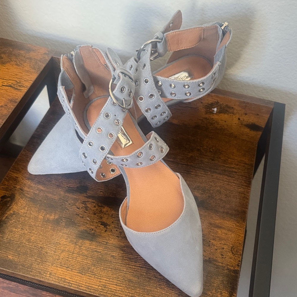 Halogen Gray blue suede leather Pointed-Toe Studded Ankle-Strap flats. Beautiful